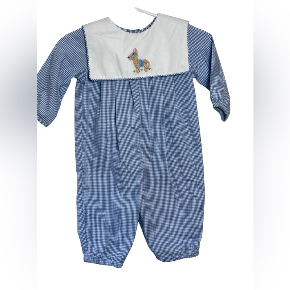 Baily Boys Horse on Lapel Charming Blue Gingham Baby Romper NWT SZ 3mo Preppy